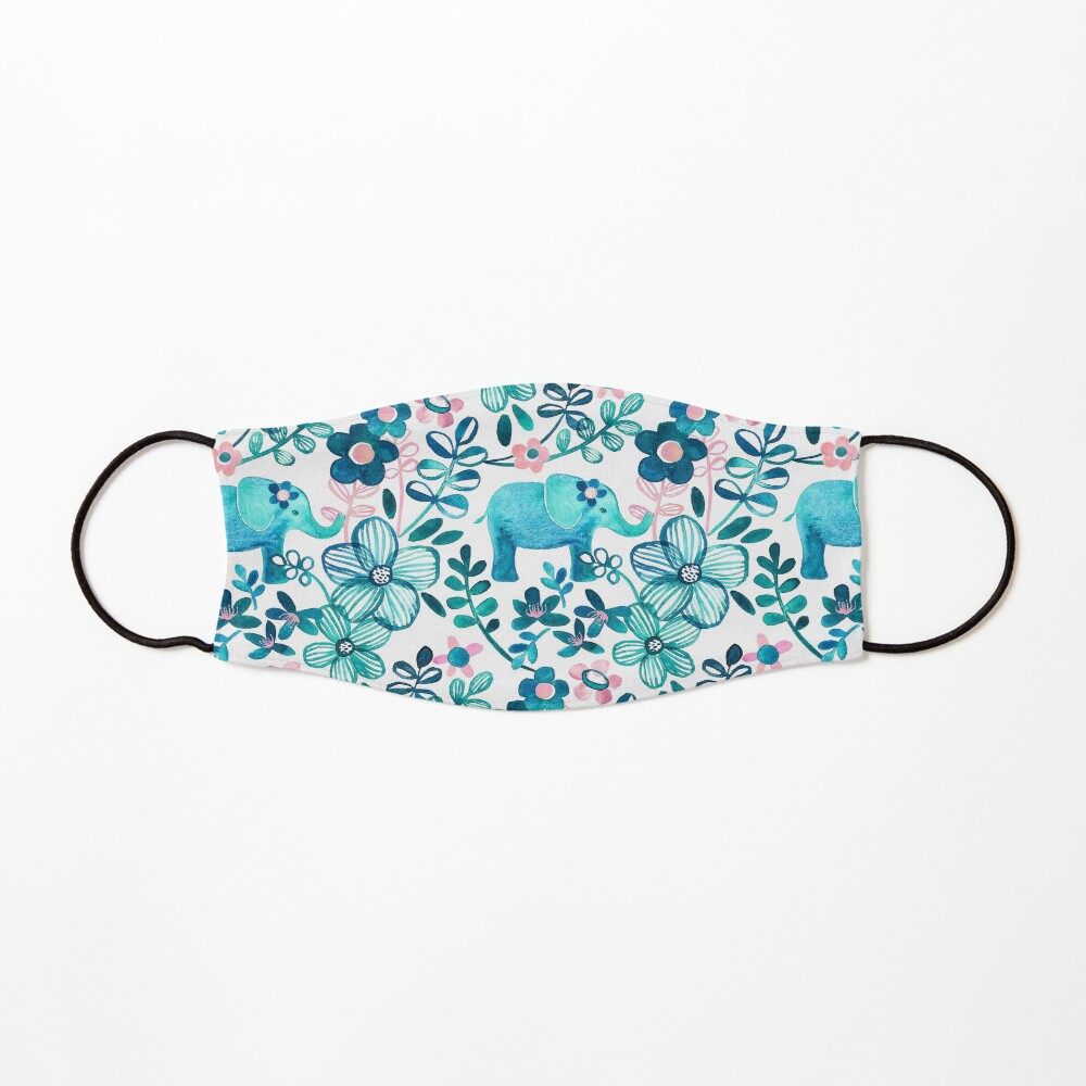 Dusty Pink, White and Teal Elephant and Floral Watercolor Pattern Mask