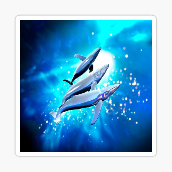Three blue whales under beautiful ocean background. Sticker