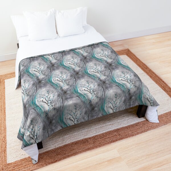 Tree Branches Impressionist Teal Gray Comforter