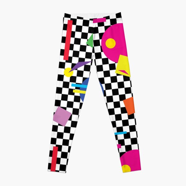 Retro Classic 1980s Shapes On Black and White Check - Retro Shapes #1 Leggings
