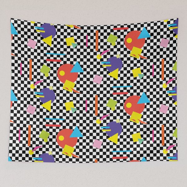 Item preview, Coloured Retro Shapes on Black and White Check - Retro Shapes #6 designed and sold by QuarterMoon.