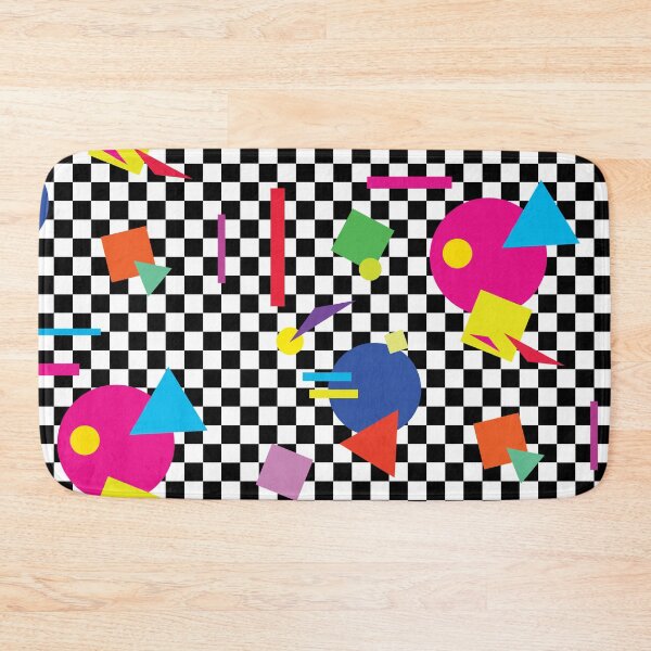 Retro Classic 1980s Shapes On Black and White Check - Retro Shapes #1 Bath Mat
