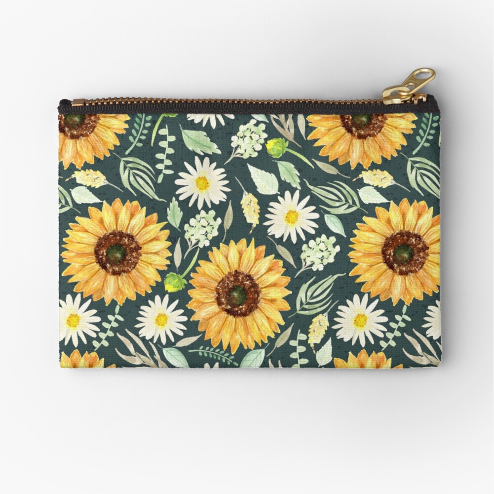 Sunflowers and Daisies | Watercolor | Green | Pattern Zipper Pouch