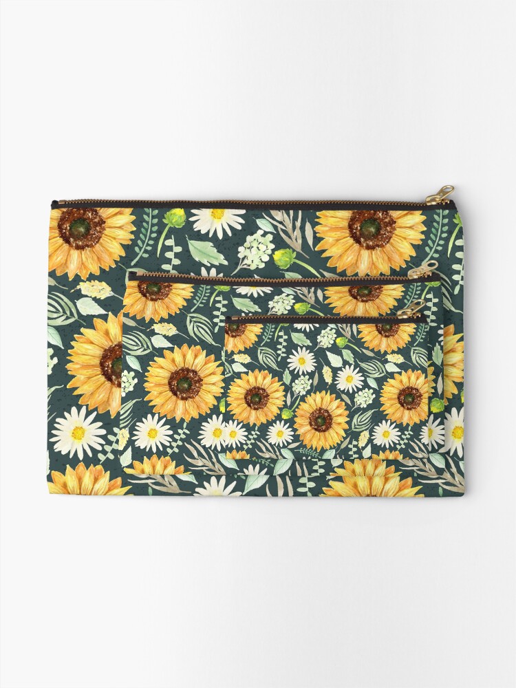 Alternate view of Sunflowers and Daisies | Watercolor | Green | Pattern Zipper Pouch