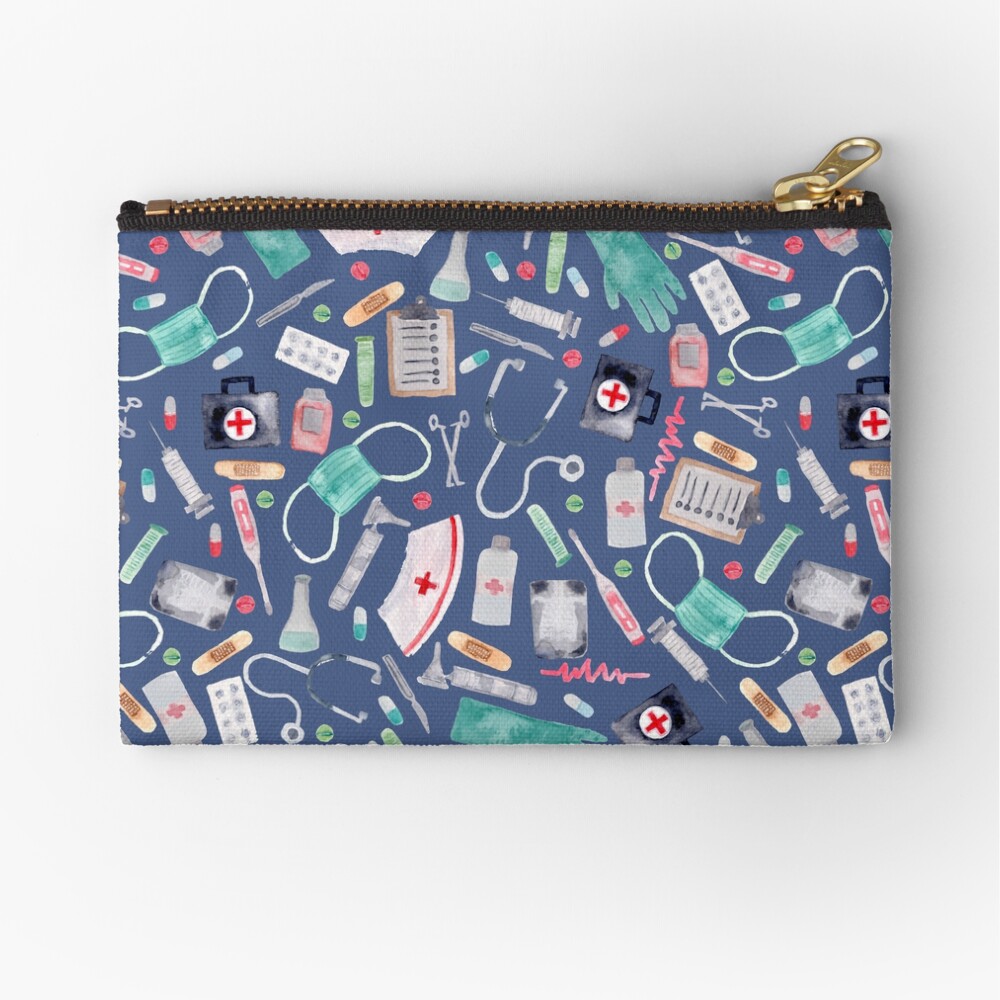 Medical Pattern | Doctor | Nurse | Watercolor | Navy Texture Zipper Pouch
