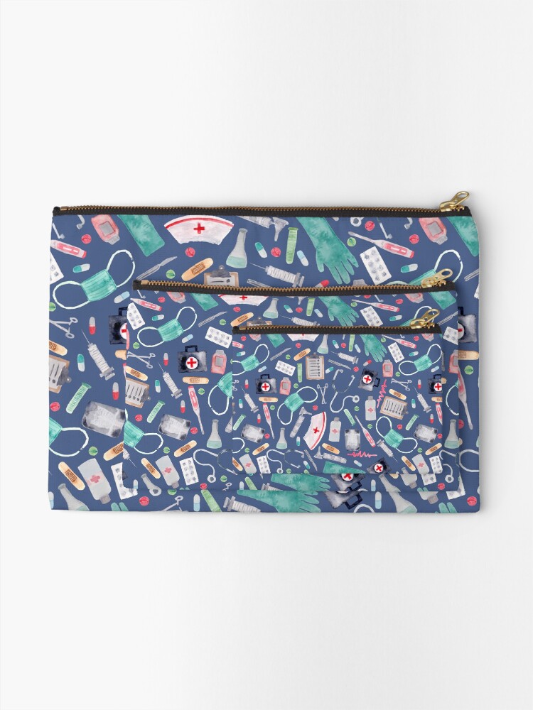 Alternate view of Medical Pattern | Doctor | Nurse | Watercolor | Navy Texture Zipper Pouch