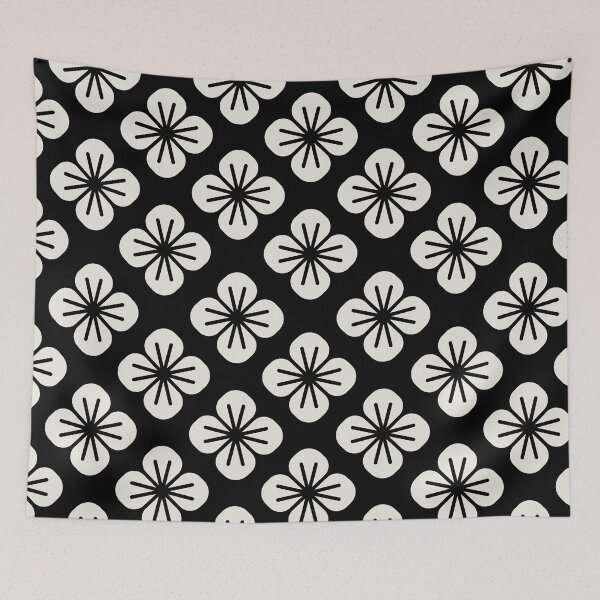 Item preview, Black and white Japanese pattern with floral motif designed and sold by hexdecor.
