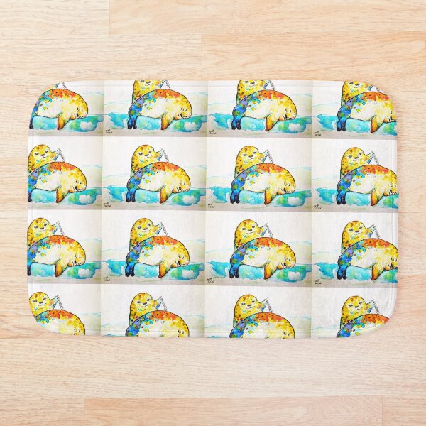 Wake up, Sleepy! Cute colorful watercolor seals. Bath Mat