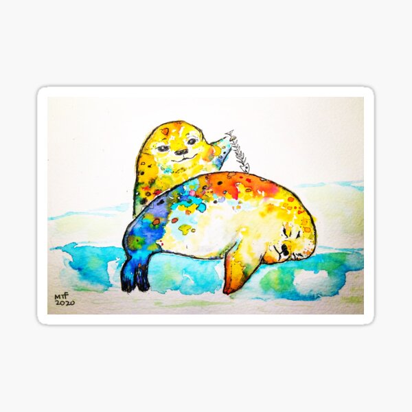 Wake up, Sleepy! Cute colorful watercolor seals. Sticker