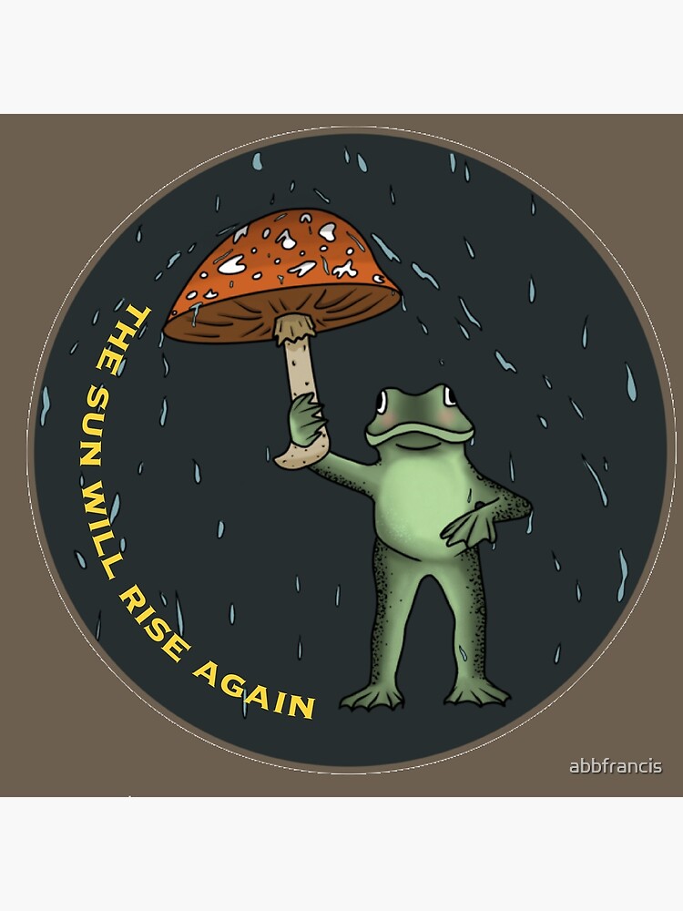Grenouille avec parapluie en forme de champignon sous la pluie