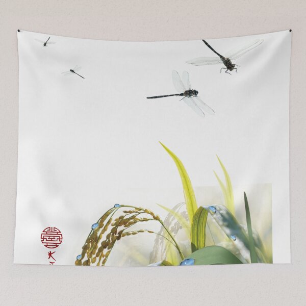 Item preview,  Rice plant with dragonflies. Rice plants with Chinese seals and calligraphic characters. designed and sold by Kallandra.