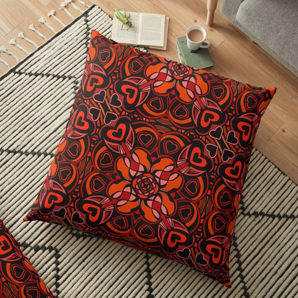 Red Hearts Mandala - Red & Black Palette Floor Pillow