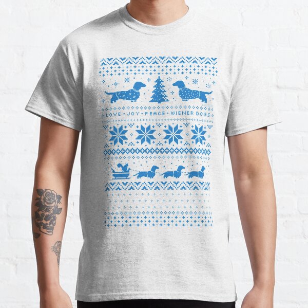 Item preview, Love Joy Peace Wiener Dogs | Blue and White Holiday Pattern designed and sold by Jenn Inashvili.