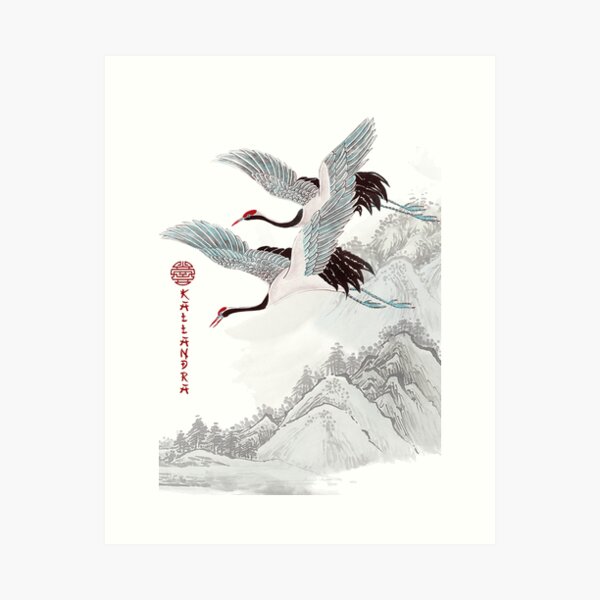 Item preview, Chinese ink painting - red-crowned cranes two flying cranes designed and sold by Kallandra.