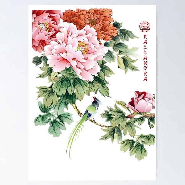 Item preview, Chinese ink painting - pink roses rose branch with bird designed and sold by Kallandra.