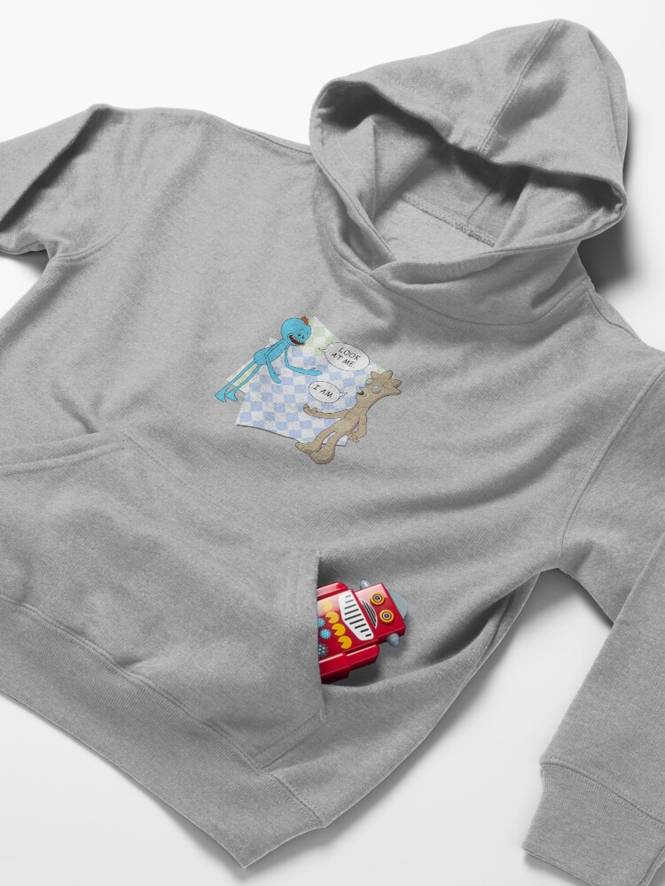 Alternate view of Rick and Morty's Mr. Meeseeks meets Gaia's child. Dark variant. Kids Pullover Hoodie