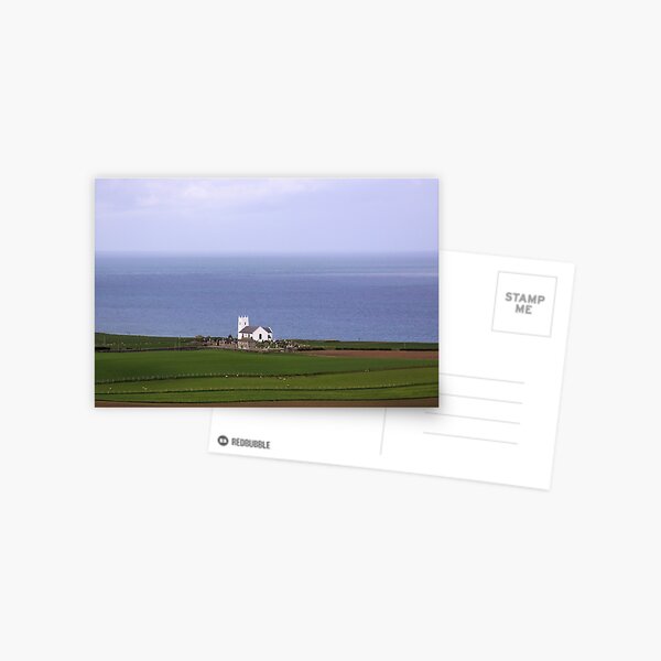 White church on the Irish sea shore landscape Postcard
