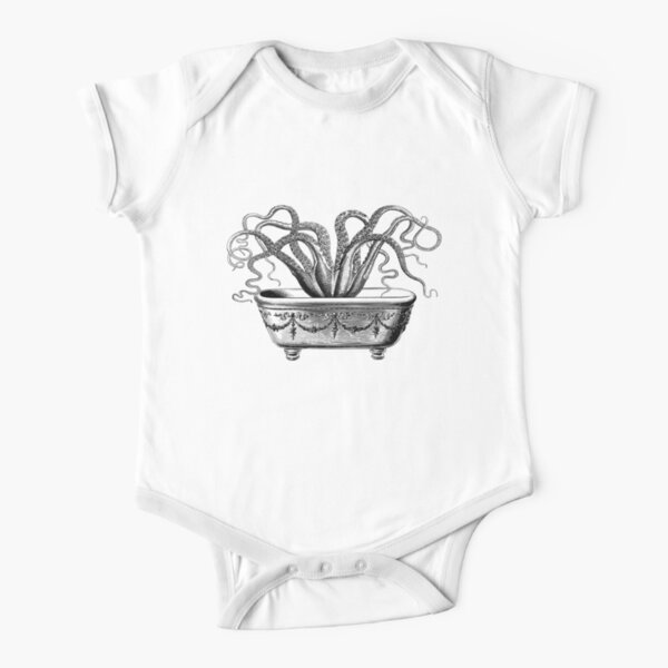 Tentacles in the Tub | Octopus in Bathtub | Vintage Octopus | Black and White | Short Sleeve Baby One-Piece