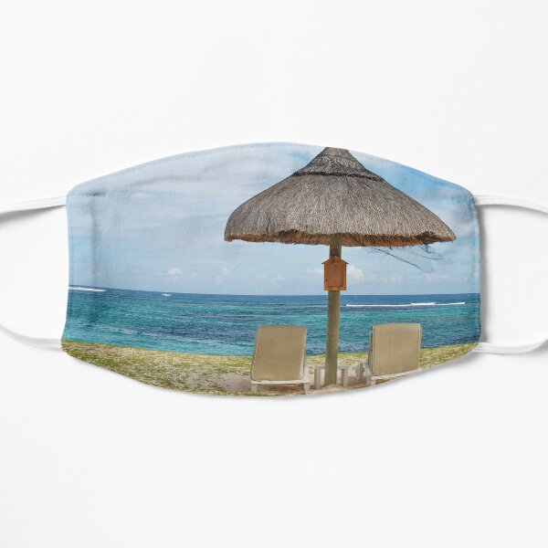 Tropical beach lounge chairs and umbrella Mask