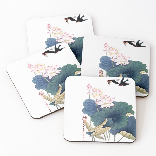 Item preview, Chinese Art Print - Lotus Stems Water Lilies with Swallows Birds designed and sold by Kallandra.