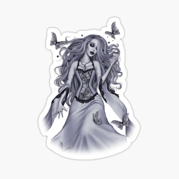 Deceased (greyscale girl with moths and roses) Sticker