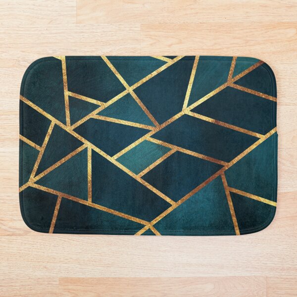 Midnight Green Gold Stone Geometric Bath Mat