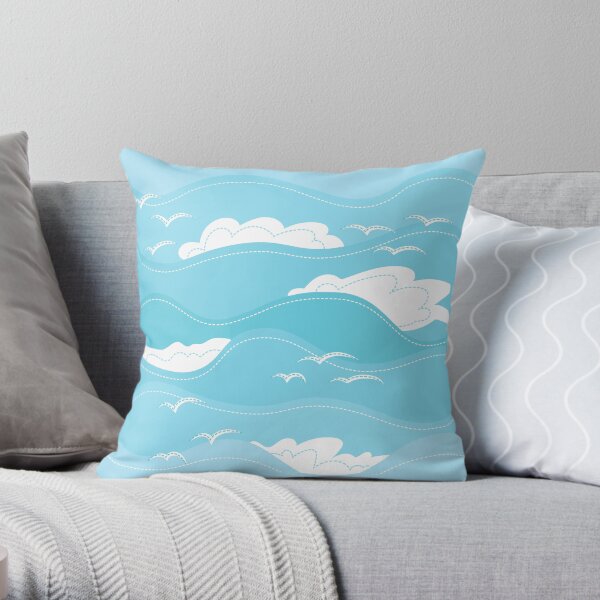 Cartoon ocean collection. Patchwork sky with birds and clouds Throw Pillow
