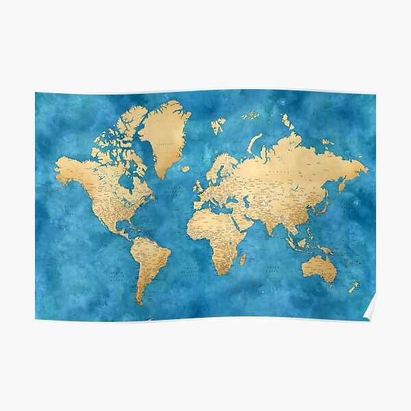 Gold and cobalt blue watercolor detailed world map Poster