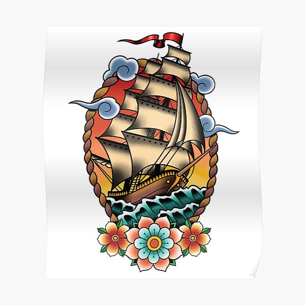 Traditional Tattoo Sailing Ship Clipper Ship Illustration Poster for Sale  by SevenRelics  Redbubble