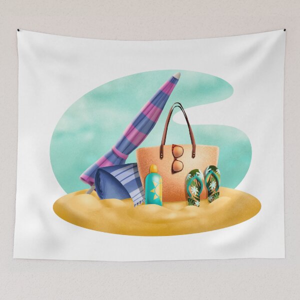 Item preview, Beach essentials, sunscreen, umbrella, beach towel, sandals and sunglasses designed and sold by Sofia Dimitriadou.