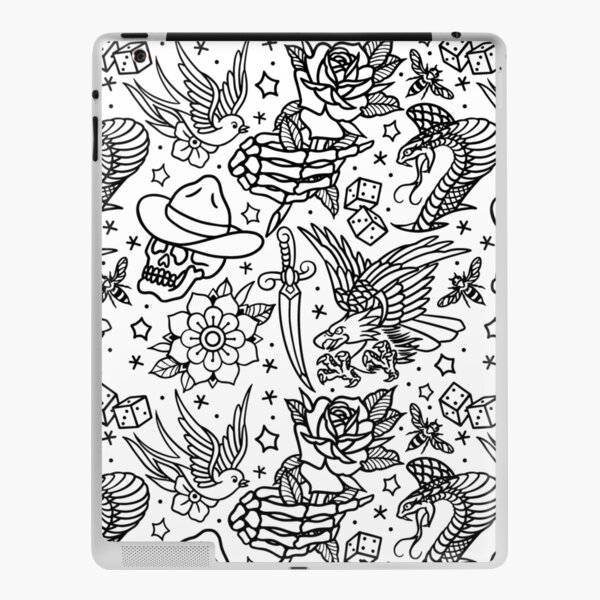 Black and White American Traditional Tattoo Design Pattern Throw