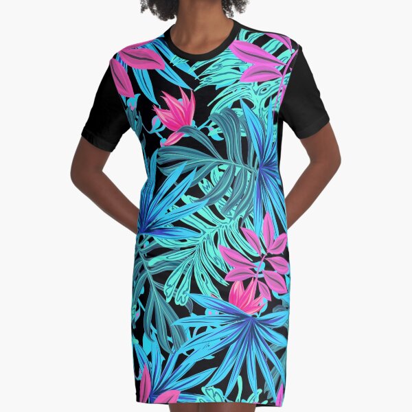 Neon Summer Tropical Leaves Pattern Graphic T-Shirt Dress