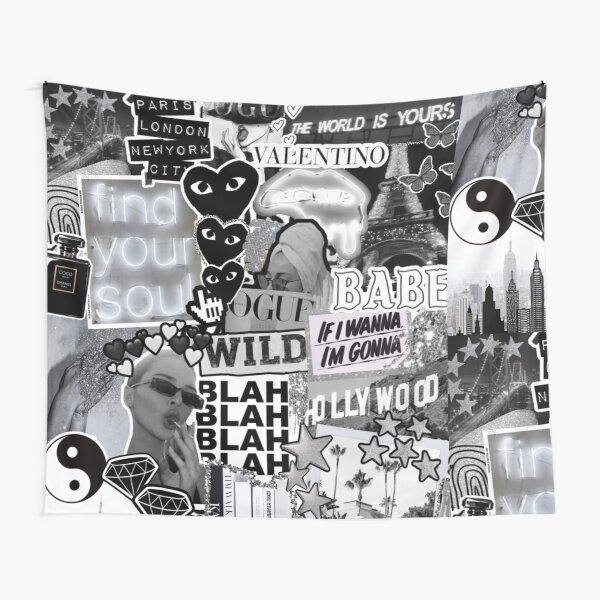 Black, White, and Silver Aesthetic Collage Tapestry