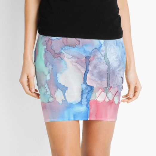 Hand-Painted Abstract Watercolor Green Red Blue Painting Mini Skirt