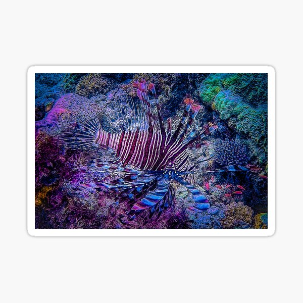 Lionfish Hunting In Blue - Mixed Media DiveArt Sticker