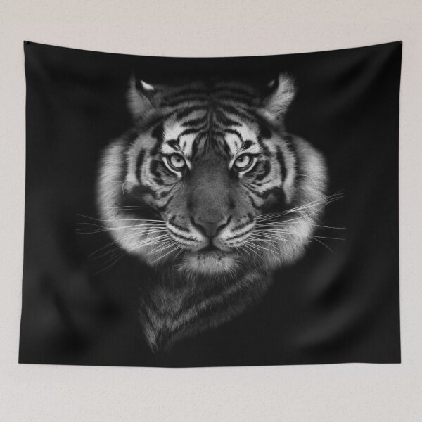 Item preview, Black and white tiger head on black background designed and sold by philippe souvy.