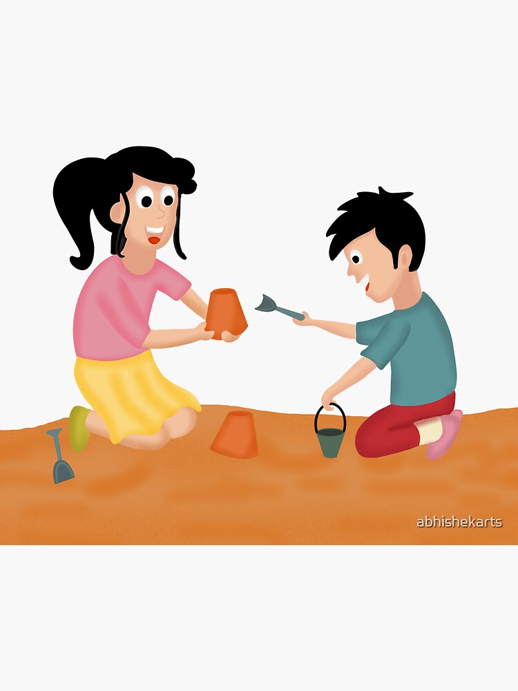 "Kids playing sand pit game near beach" Sticker for Sale by