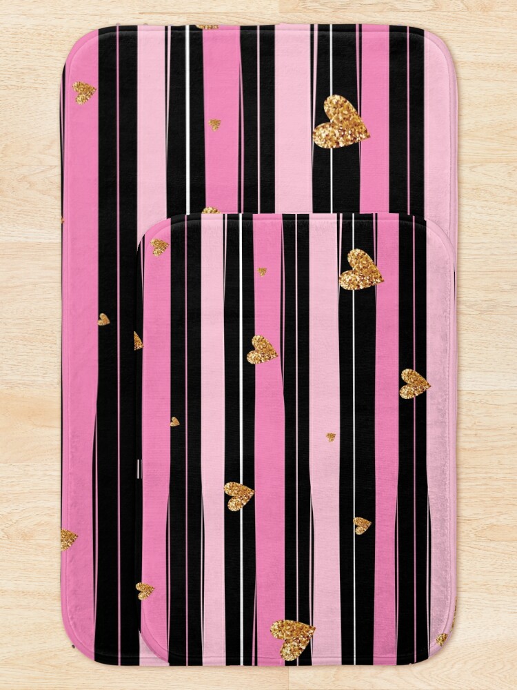 Alternate view of Pink Black Stripes with Golden Hearts Bath Mat