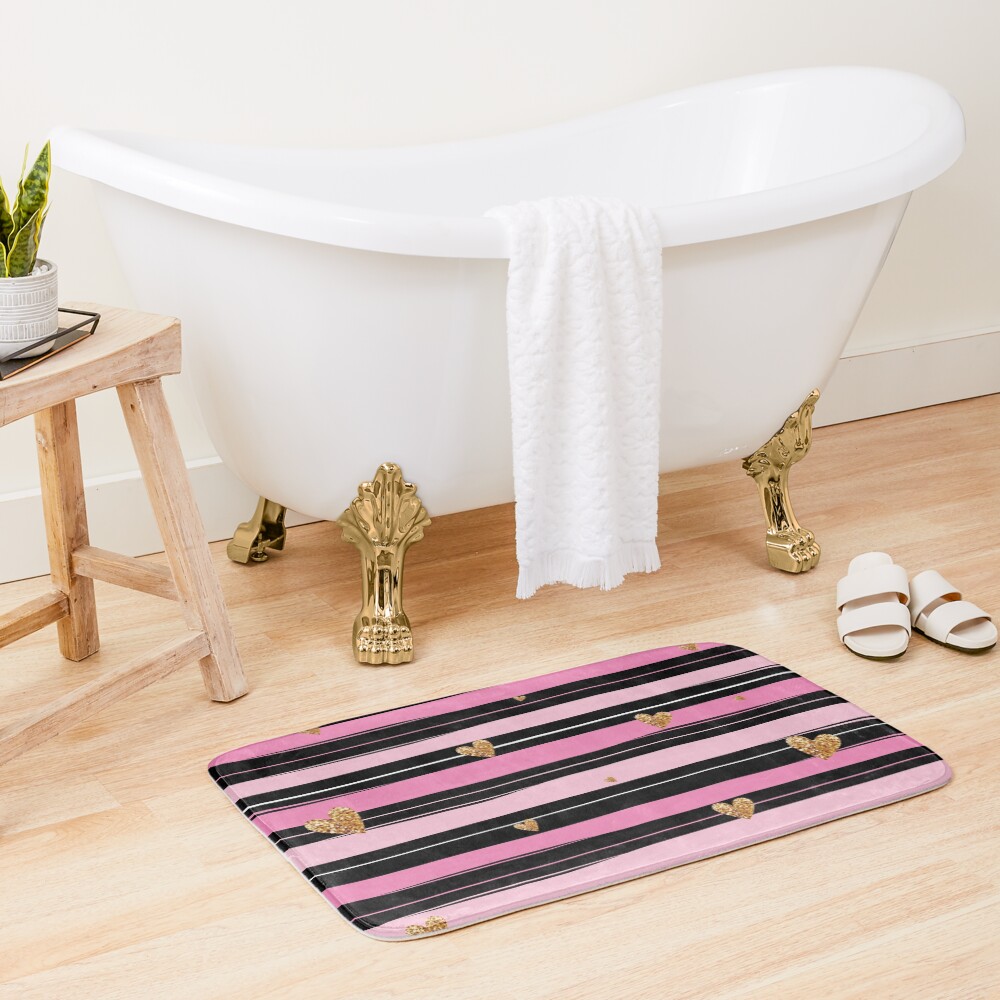 Pink Black Stripes with Golden Hearts Bath Mat