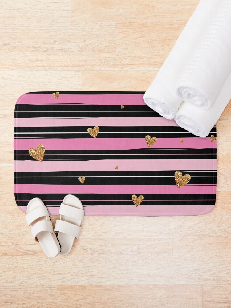 Alternate view of Pink Black Stripes with Golden Hearts Bath Mat