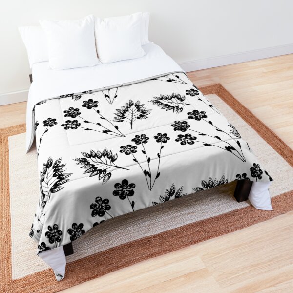 Black Flowers and Leaf Comforter