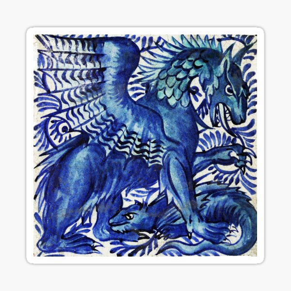 BLUE DRAGON WITH BABY DRAGO Art Nouveau Animals Sticker