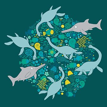 Artwork thumbnail, Swimming with Plesiosaurs - cute prehistoric animal design by Cecca-Designs