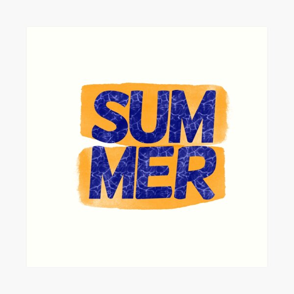 The word Summer in blue with an orange background. Art Print