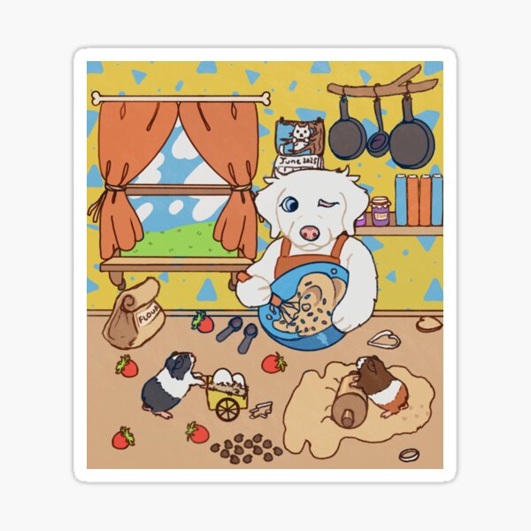 Item preview, double merle Australian Shepherd and two guinea pigs baking cookies designed and sold by Ivy Fox Illustration.