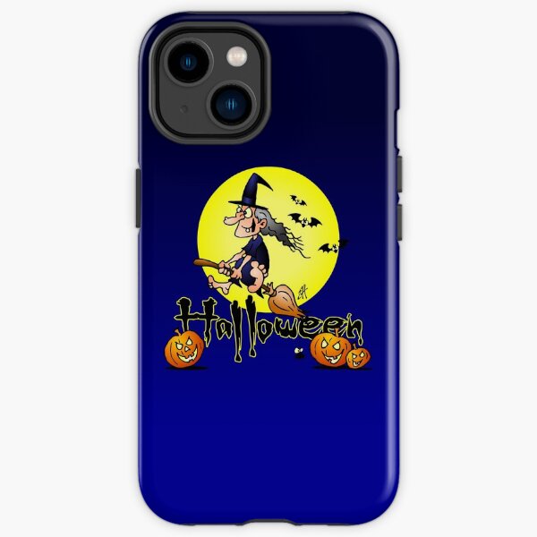 Halloween, witch on a broom, bats and pumpkins iPhone Tough Case