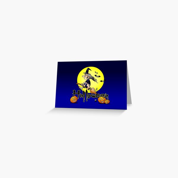 Halloween, witch on a broom, bats and pumpkins Greeting Card