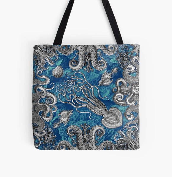 Octopus Squid Kraken Art Tentacles Seashell Deep Sea Ocean Creatures Lover (Blue, Alt) - Octopus All Over Print Tote Bag