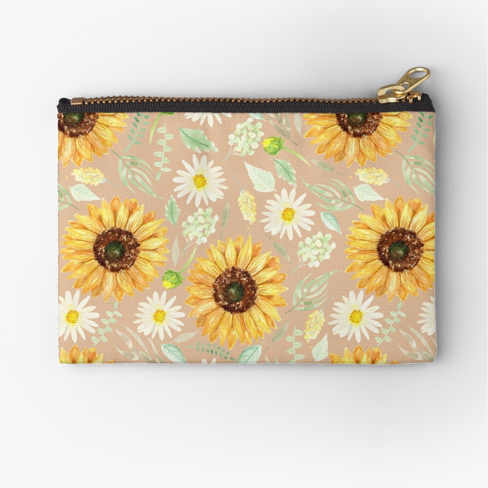 Sunflowers and Daisies | Watercolor | Art | Pattern | Beige Zipper Pouch