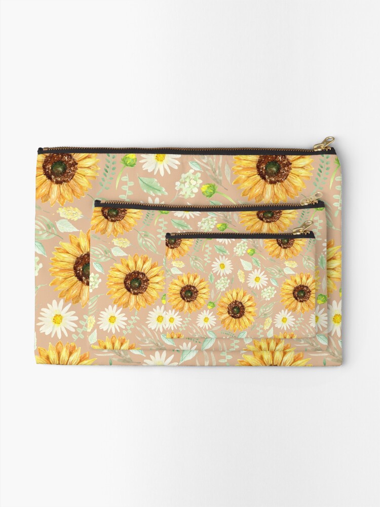 Alternate view of Sunflowers and Daisies | Watercolor | Art | Pattern | Beige Zipper Pouch